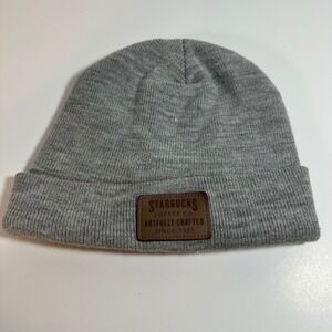Starbucks Coffee Co Gray Knit Beanie Hat Artfully Crafted Faux Leather Patch